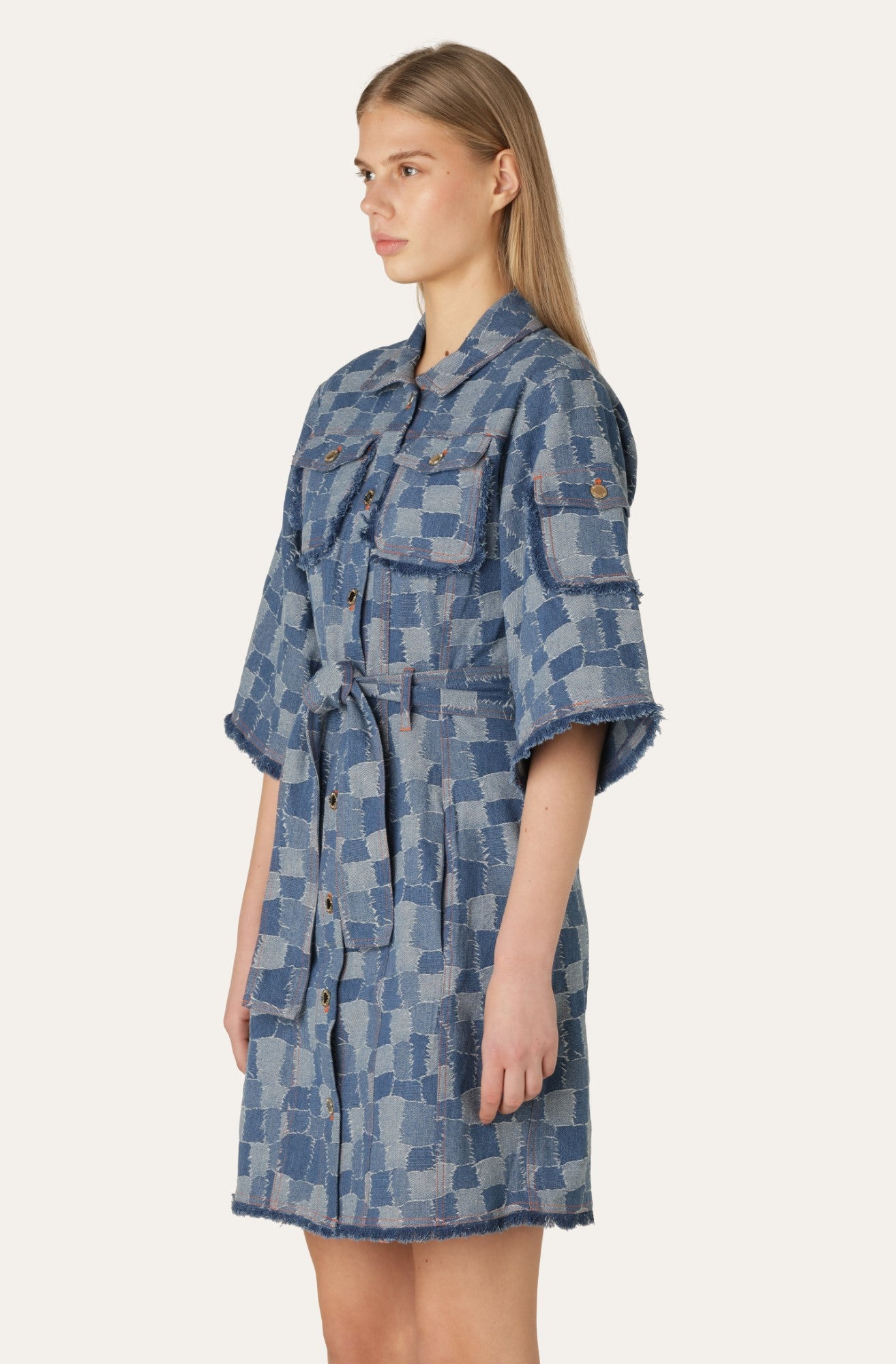 JANICE DENIM DRESS - Blue denim patch