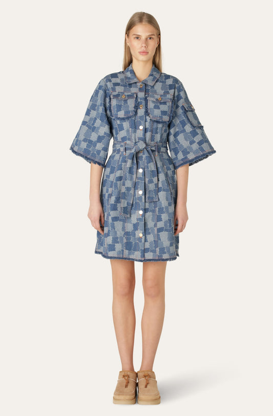 JANICE DENIM DRESS - Blue denim patch